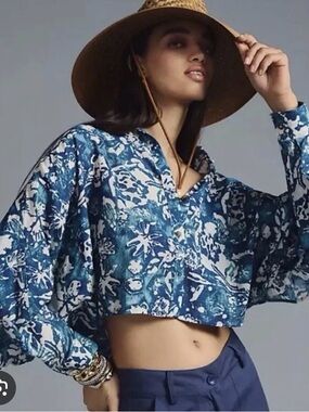 Anthropologie Blue Floral Cropped Blouse